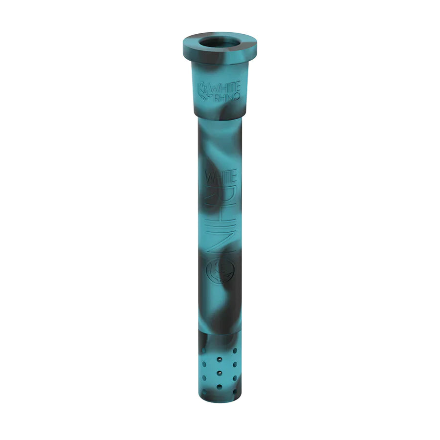Front view of the White Rhino silicone adjustable downstem display box in assorted vibrant colors. This highly convenient wholesale point-of-purchase box contains multi-colored, unbreakable silicone downstems for smoke shop countertops.