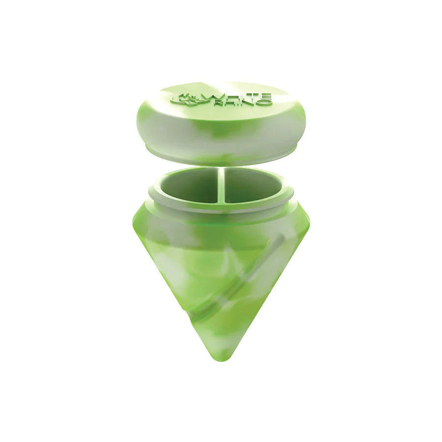 Angled top-down view of the White Rhino diamond spinner carb cap opened to reveal the internal silicone storage jar and the included clear glass terp ball. This 2-in-1 travel-friendly design keeps your sticky concentrates safely stored directly inside your carb cap.