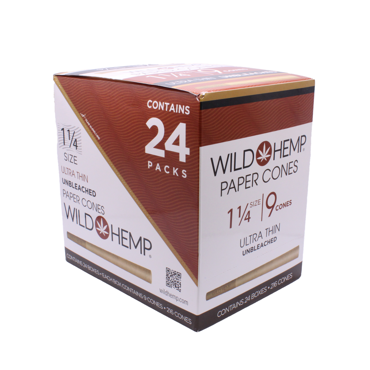Angled view of the Wild Hemp 1 1/4 pre-rolled cones 24-count display box in natural brown and green. Made from 100% natural organic hemp, these unbleached cones provide a clean, slow-burning experience without harsh chemicals.