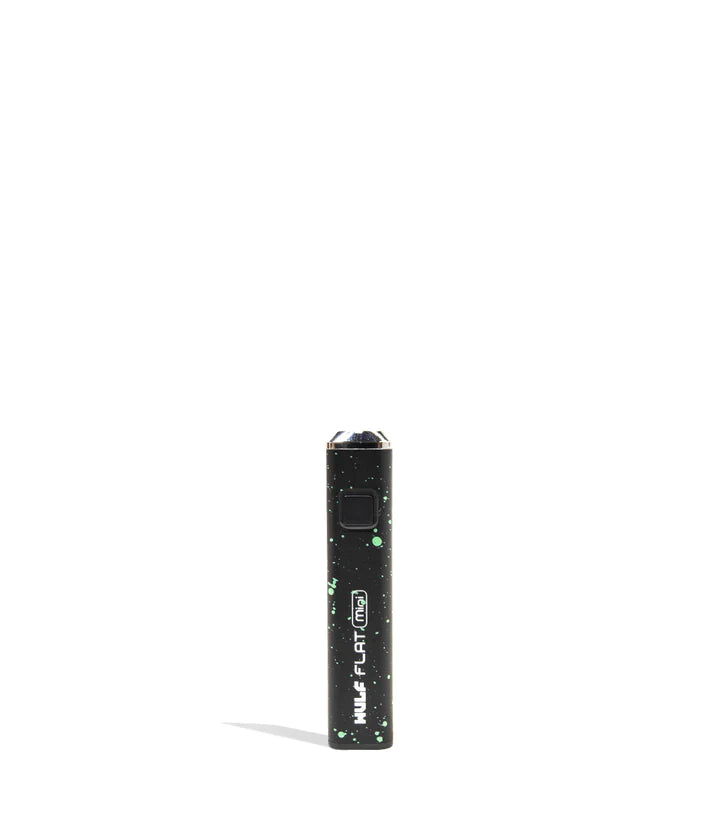 Front view of the Wulf Flat Mini cartridge vaporizer battery in black green splatter. This ultra-compact oil battery offers fully adjustable variable voltage settings to completely customize your daily vapor production.