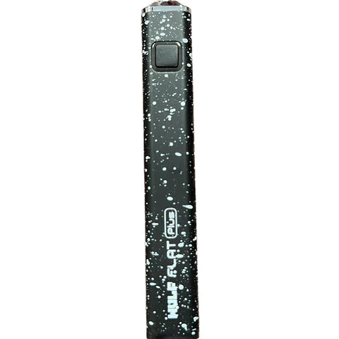 Front view of the Wulf Flat Plus cartridge vaporizer battery in black white spatter. The unique flat-sided structural body prevents the oil pen battery from accidentally rolling off flat surfaces and counters.