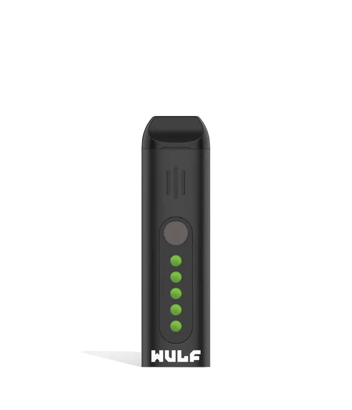 Front view of the Wulf Flora portable dry herb vaporizer in black finish. This sleek, travel-friendly flower vaporizer features an anodized aluminum chassis and precision temperature control for optimal flavor extraction.