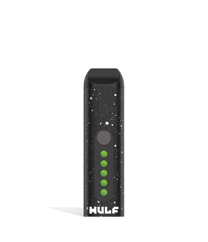 Front view of the Wulf Flora portable dry herb vaporizer limited edition in a striking black and white spatter finish. This sleek, travel-friendly flower vaporizer features an anodized aluminum chassis and precision temperature control for optimal flavor extraction.