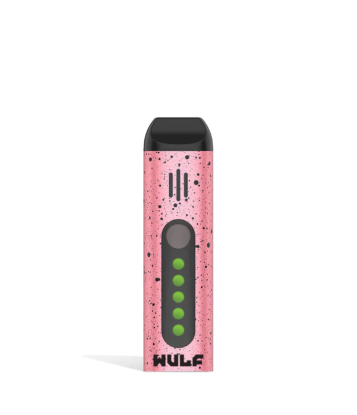 Front view of the Wulf Flora portable dry herb vaporizer limited edition in a striking pink and black spatter finish. This sleek, travel-friendly flower vaporizer features an anodized aluminum chassis and precision temperature control for optimal flavor extraction.