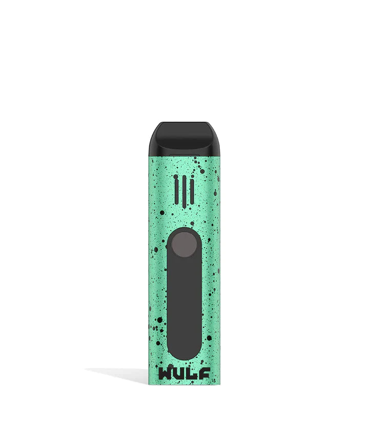 Front view of the Wulf Flora portable dry herb vaporizer limited edition in a striking teal and black spatter finish. This sleek, travel-friendly flower vaporizer features an anodized aluminum chassis and precision temperature control for optimal flavor extraction.