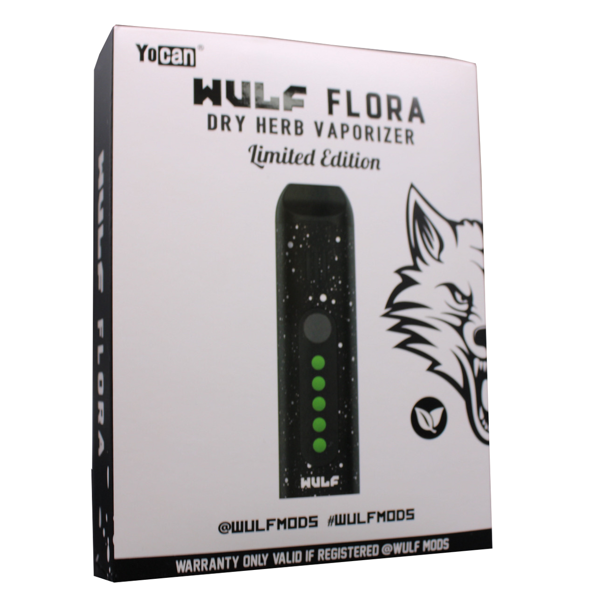 Front view of the Wulf Mods Flora vaporizer in black and white splatter. The device includes an intuitive OLED display and temperature control buttons for precise botanical heating.