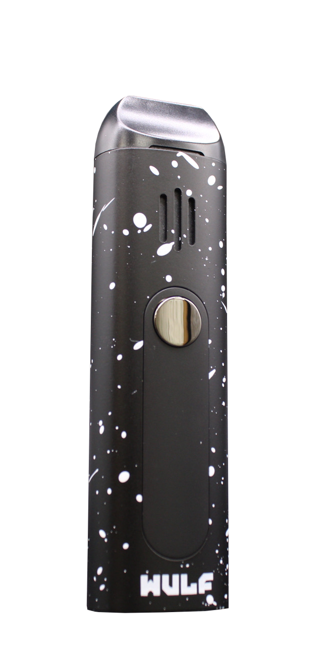 Angled view of the Wulf Mods Flora vaporizer in black and white splatter. This portable dry herb vaporizer features an anodized aluminum chassis and rapid heating for on-the-go