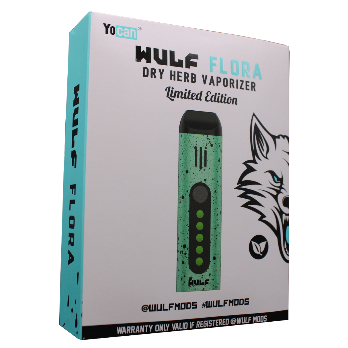 Front view of the Wulf Mods Flora vaporizer in green and black splatter. The device includes an intuitive OLED display and temperature control buttons for precise botanical heating.