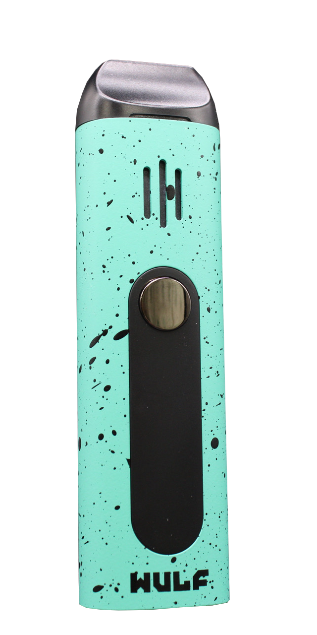 Angled view of the Wulf Mods Flora vaporizer in green and black splatter. This portable dry herb vaporizer features an anodized aluminum chassis and rapid heating for on-the-go sessions.