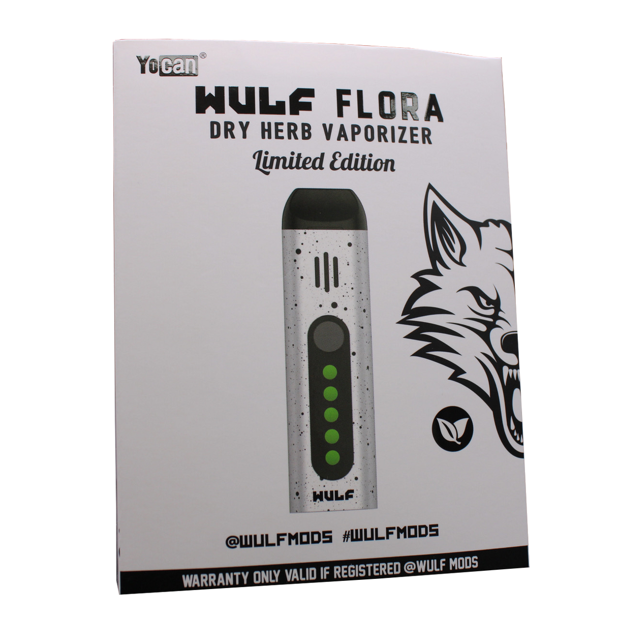 Angled view of the Wulf Mods Flora vaporizer in white with black splatter. This portable dry herb vaporizer features an anodized aluminum chassis and rapid heating for on-the-go sessions.