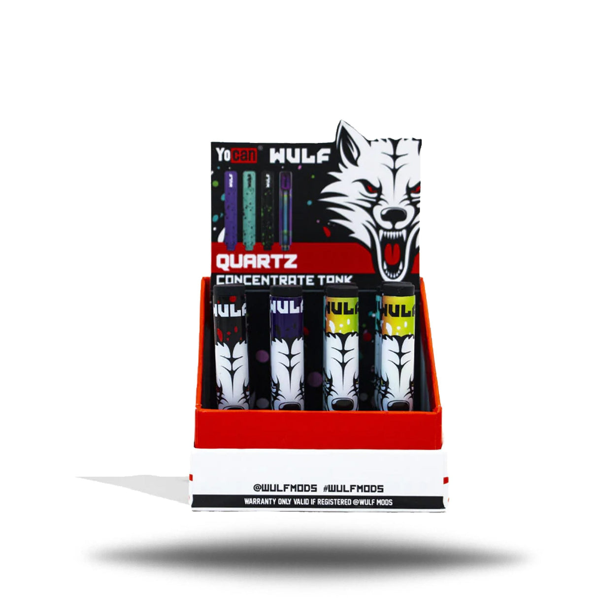 Front angled view of the Wulf Mods Quartz Concentrate Tank 12-Pack display box in sleek black and white. This bulk wholesale counter caddy holds twelve individually packaged replacement heating tanks, making it a perfect impulse item for dispensary countertops.