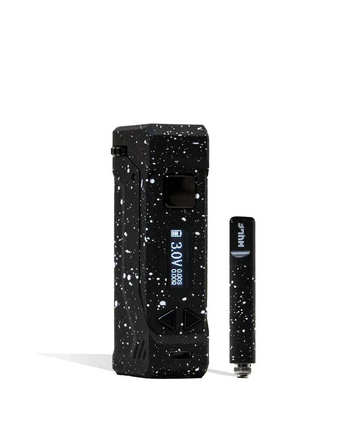 Front view of the Wulf Uni Pro Max cartridge vaporizer showcasing its signature colorful splatter finish on a black chassis. This dynamic 510-threaded box mod features a crystal-clear LED screen and a 650mAh battery for highly customized sessions.