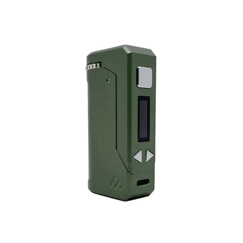 Front profile view of the Yocan UNI Plus portable mod in dark green. This highly versatile cartridge vaporizer features an ergonomic chassis and extended battery life for longer, uninterrupted daily vaping sessions.