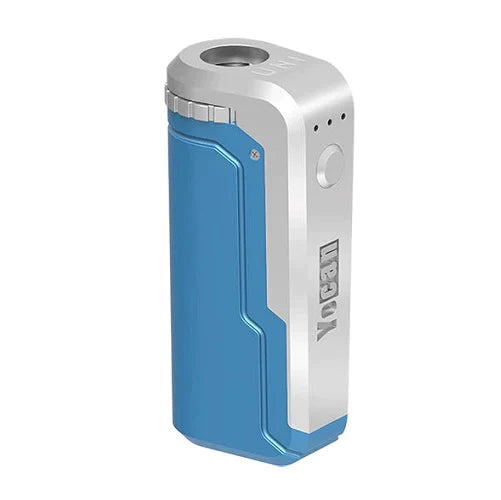 Front view of the Yocan UNI universal box mod showcasing a striking two-tone metallic Blue & Silver split colorway. The ergonomic form factor provides a secure hand grip while adjusting internal sliding components.