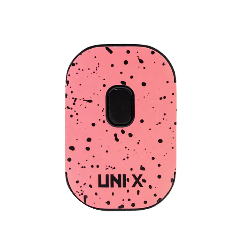 Front view of the Yocan Wulf Mods UNI X cartridge vaporizer in pink and black spatter. This ultra-compact 510-thread battery is designed for premium oil vaporization and features a sleek, palm-sized body for ultimate portability.