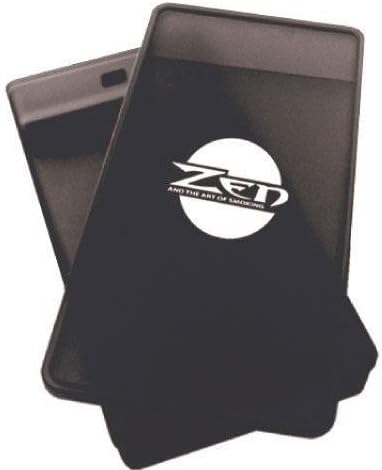 Angled overhead view of the Zen rolling tray in black with the lid removed to reveal the integrated inner storage compartments. These tailored sections easily organize rolling papers, custom filter tips, hand rollers, and ground herbs to prevent messy workspace waste.