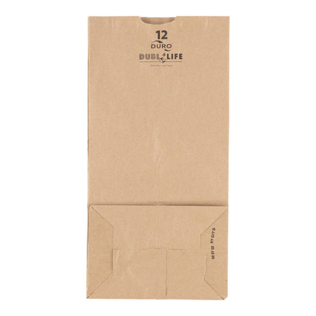 Side profile view of an opened 12lb Kraft Paper Retail Bag in natural brown showcasing its extra-wide expandable side gussets. Designed with a self-opening style (SOS) flat bottom, this bag stands completely upright on its own for quick and efficient packing of heavy goods.