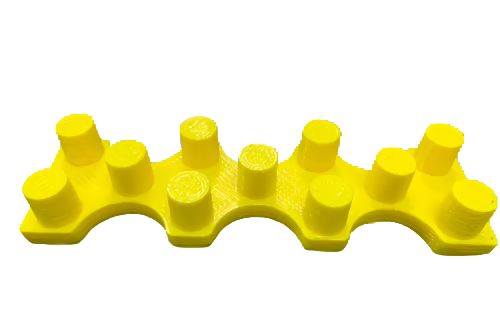Angled overhead view of the 18mm Female Glass Bowl Stands in yellow. This laboratory-grade glass storage accessory provides a stable base for holding, cleaning, or displaying male slide bowls safely.