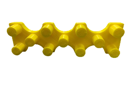 Angled overhead view of the 18mm Female Glass Bowl Stands in yellow. This laboratory-grade glass storage accessory provides a stable base for holding, cleaning, or displaying male slide bowls safely.