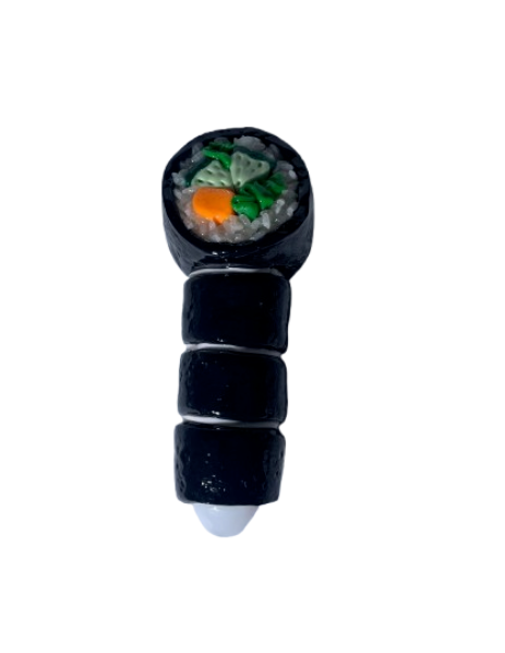 Front angled view of the 5-inch Glizzy Ceramic Sushi Hand Pipe in white, black, and coral pink. Designed to visually replicate a traditional Japanese sushi piece, this novelty fired-clay pipe features an integrated top ceramic basin for processing unrefined botanical materials.