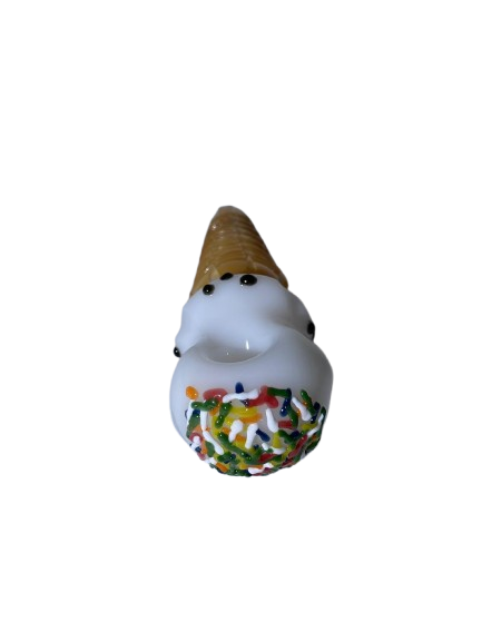 Angled overhead view highlighting the deep packing bowl located on the top of the 6-Inch Glizzy Ceramic Ice Cream Cone Pipe. This fun, novelty hand pipe offers a deep bowl and smooth hits, making it a playful addition to any smoke shop display.