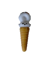 Front profile view of the 6-Inch Glizzy Ceramic Ice Cream Cone Pipe featuring a waffle cone base and a colorful ice cream top. This fun, novelty hand pipe offers a deep bowl and smooth hits, making it a playful addition to any smoke shop display.