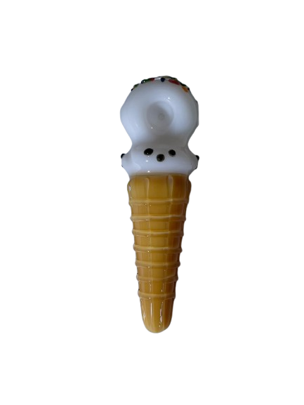 Front profile view of the 6-Inch Glizzy Ceramic Ice Cream Cone Pipe featuring a waffle cone base and a colorful ice cream top. This fun, novelty hand pipe offers a deep bowl and smooth hits, making it a playful addition to any smoke shop display.