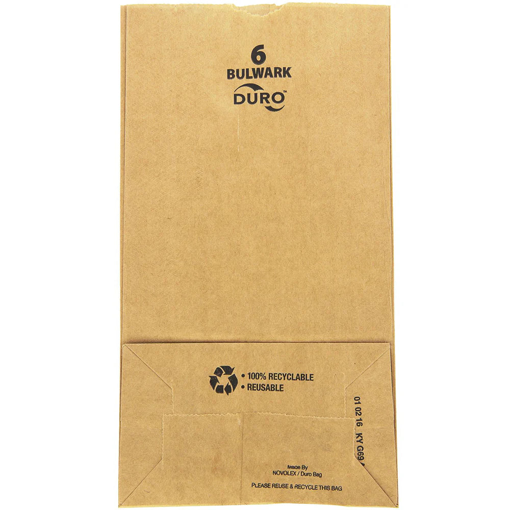 Side profile view of an opened 6lb Kraft Paper Retail Bag in natural brown showcasing its expandable side gussets. Designed with a self-opening style (SOS) flat bottom, this bag easily stands upright on its own for quick and efficient packing at the checkout counter.