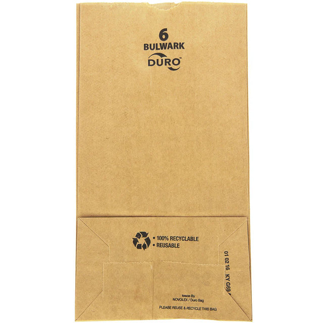 Side profile view of an opened 6lb Kraft Paper Retail Bag in natural brown showcasing its expandable side gussets. Designed with a self-opening style (SOS) flat bottom, this bag easily stands upright on its own for quick and efficient packing at the checkout counter.