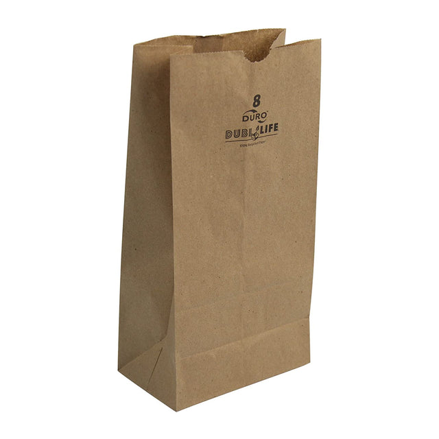 Side profile view of an opened 8lb Kraft Paper Retail Bag in natural brown showcasing its wide expandable side gussets. Designed with a self-opening style (SOS) flat bottom, this bag stands completely upright on its own for quick and efficient packing at checkout counters.