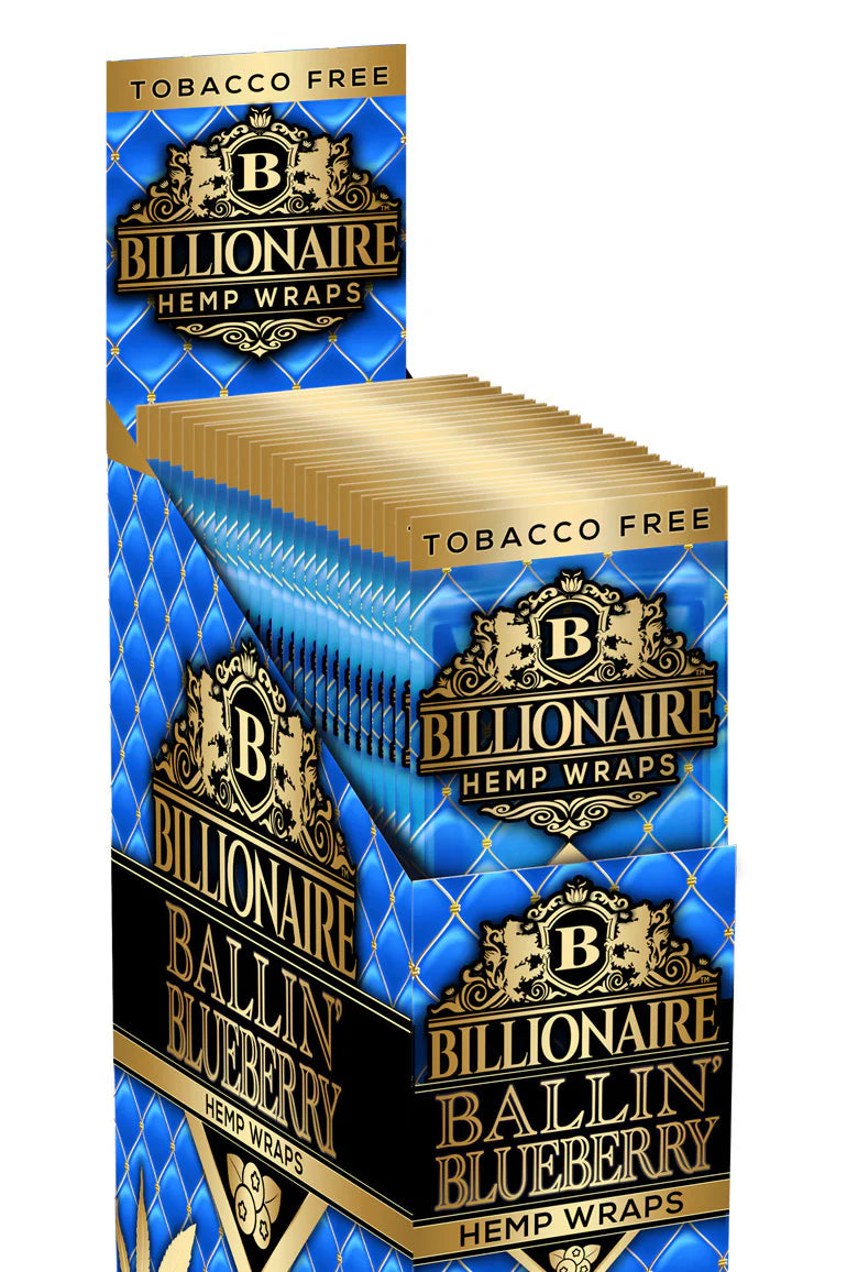 front view of the billionaire organic hemp wraps ballin blueberry flavor with their blue display box design.