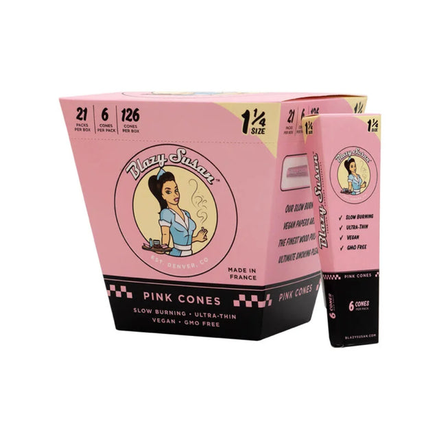 front view of the blazy susan bulk cones box. Famous pink cones made from high quality chlorine free paper in the 1 1/4 size.