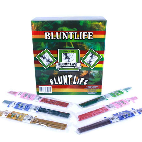 view of the blunt life jumbo incense sticks display box and the assortment of aromas choices.