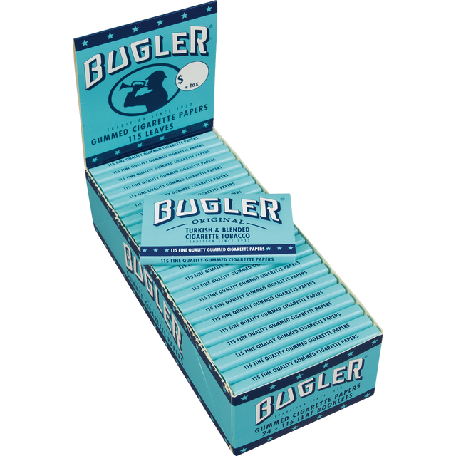 top view of the Bugler 115s Gummed Cigarette Papers. a reliable brand known for quality and reliability.