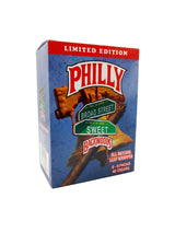 A boxed cigar product labeled 'Philly Sweet Backwoods' on a plain white studio background. The box is predominantly blue with a red 'LIMITED EDITION' banner, large red-and-white 'PHILLY' lettering, green street-sign style labels reading 'BROAD STREET' and 'SWEET', and brown wood-grain graphics.
