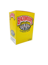 A yellow Backwoods Banana Authentic Cigars box, containing 30 cigars, photographed on a seamless white studio background.
