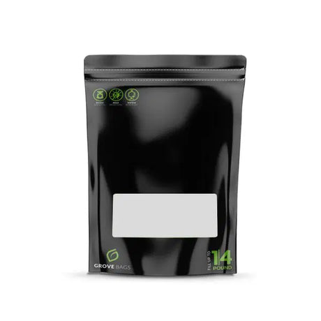 front view of black Terploc grove bags 1/4 pound. A quality bag for curing and storing product.