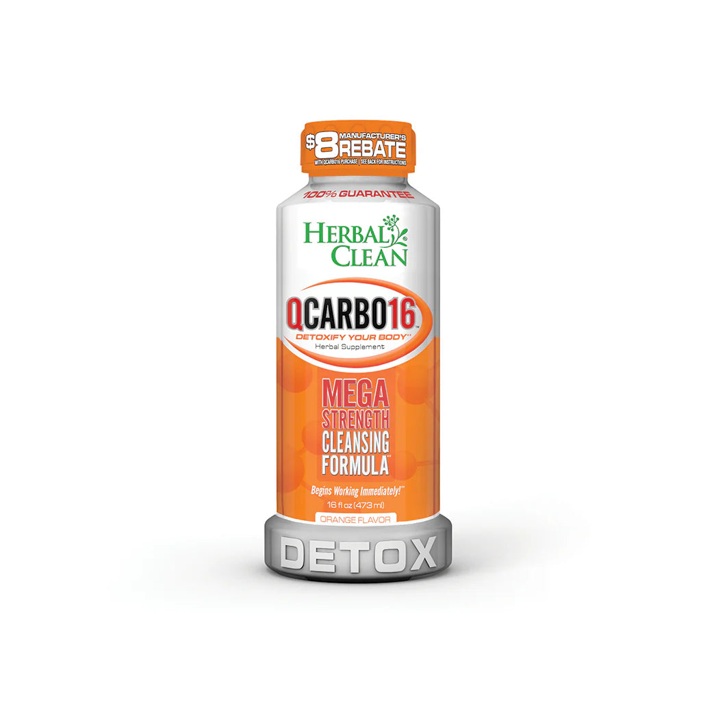 front view of the herbal clean QCarbo16 orange flavored detox. A high strength detox drink for removing body toxins quickly.