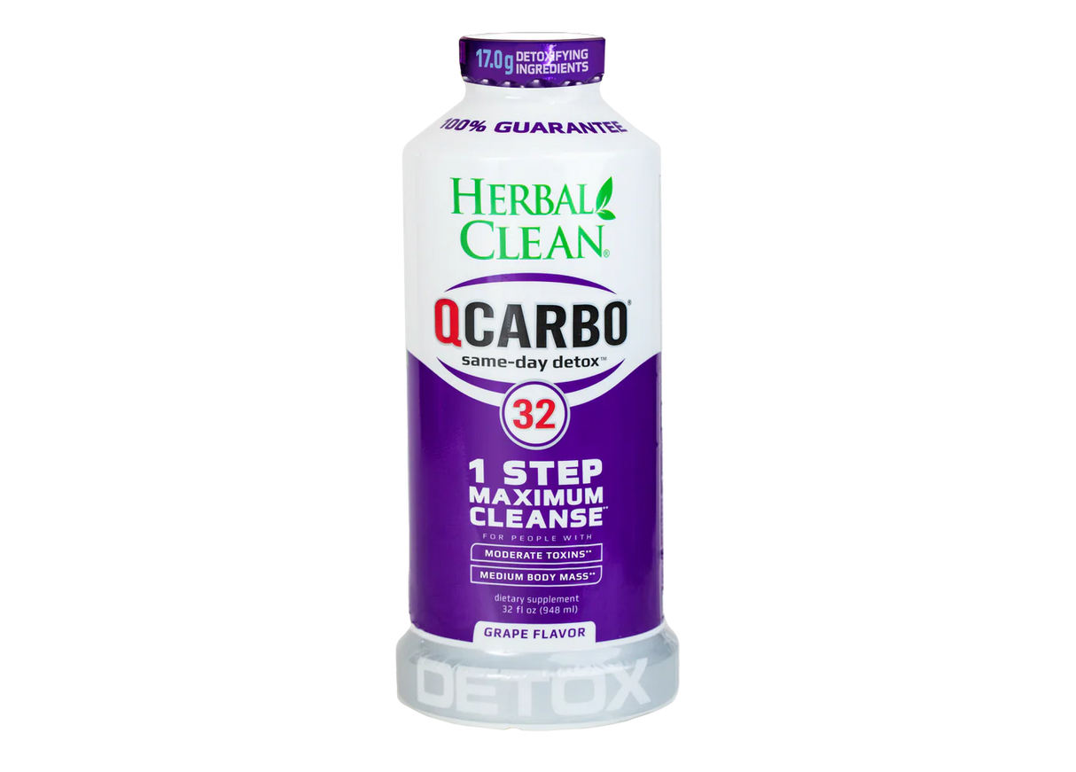 front view of the herbal clean QCarbo32 grape flavored detox drink. A stronger formula for removing toxins with one drink.