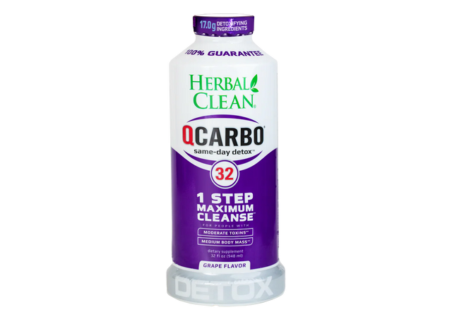 front view of the herbal clean QCarbo32 grape flavored detox drink. A stronger formula for removing toxins with one drink.
