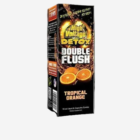 Front view of the HighVoltage Detox double flush in Tropical Orange. a premium detox formula made with a two part system with a proprietary blend. It gives fact acting results in a few hours.
