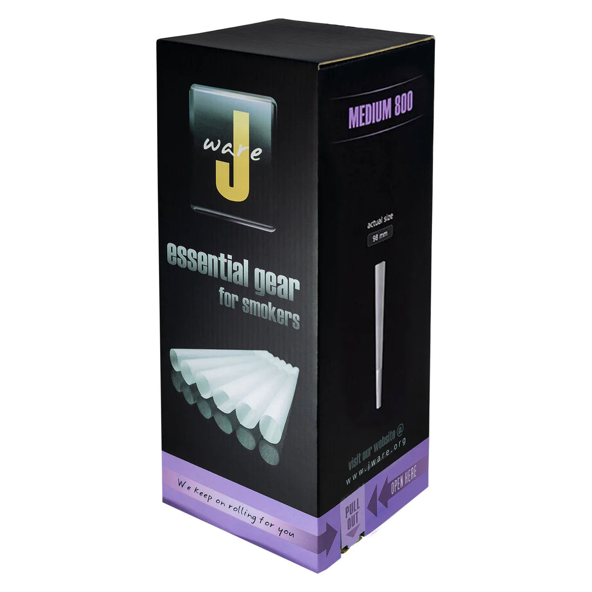 Front view of the J ware medium 98mm Pre-roll Cones bulk box. A large count box for those who need large quantity for production using sustainable sourced paper.