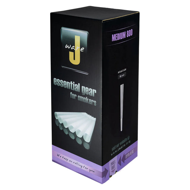 Front view of the J ware medium 98mm Pre-roll Cones bulk box. A large count box for those who need large quantity for production using sustainable sourced paper.