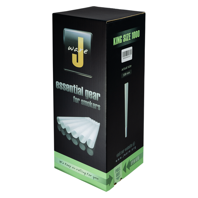 front view of the Jware King size pre roll cones 800 count production box. The perfect size for those producing large quantities and wanting to save on bulk.