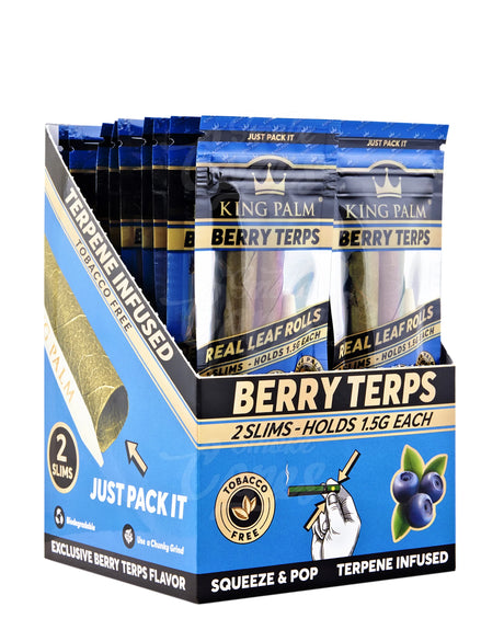 Packaging of King Palm Berry Terps real leaf rolls with blue and gold design.