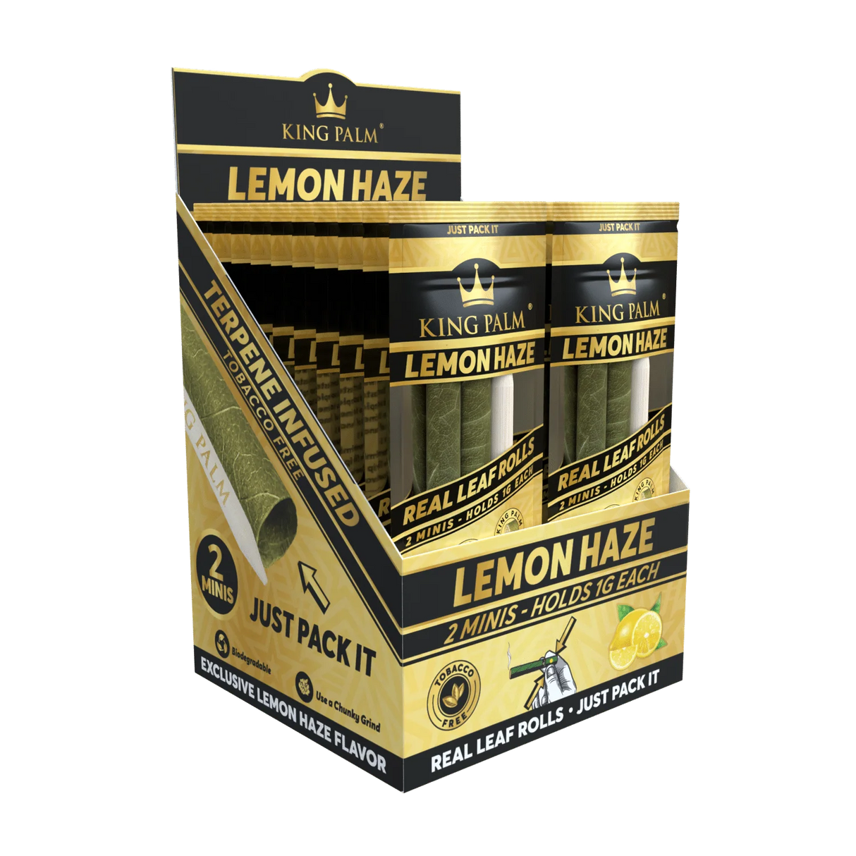 Display box of King Palm Lemon Haze real leaf rolls with gold and black packaging.