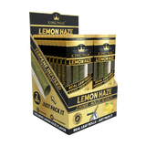Display box of King Palm Lemon Haze real leaf rolls with gold and black packaging.