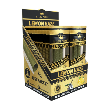 Display box of King Palm Lemon Haze real leaf rolls with gold and black packaging.