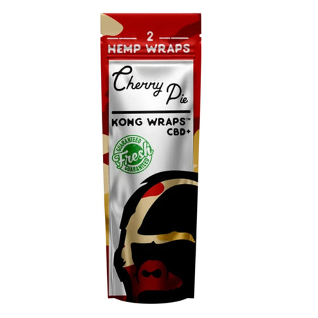 Packaging for Kong CBD Hemp Wraps, displaying a red and black design with the product name and count '2 HEMP WRAPS Cherry Pie' on the front.