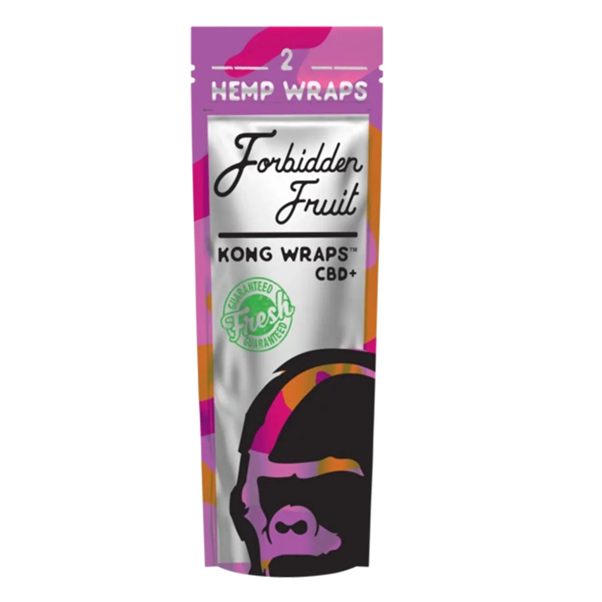 Packaging for Kong CBD Hemp Wraps, displaying a pink and orange design with the product name and count '2 HEMP WRAPS Forbidden Fruit' on the front.